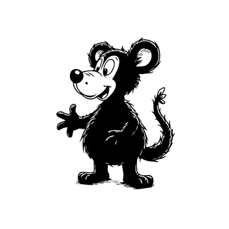 An appealing, cartoon-style illustration featuring a cheerful mouse character. The image is monochromatic, with the mouse rendered in black against a white background. The mouse is standing with aのイラスト素材