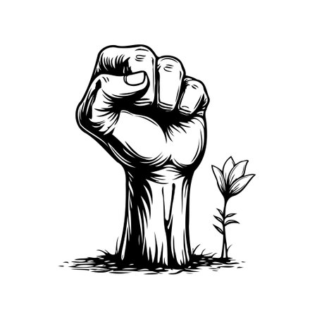 A striking black and white vector illustration depicting a clenched fist emerging from the earth alongside a delicate flower symbolizes the strength and resilience of the human spirit juxtaposedのイラスト素材
