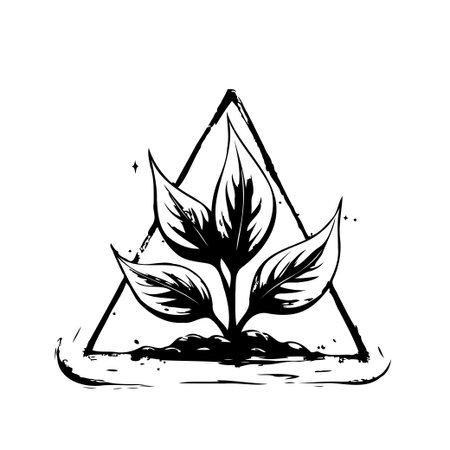 A simple yet captivating illustration showcases a young plant sprouting from soil, framed within a geometric triangle. The image symbolizes growth, sustainability, and the harmonious relationshipのイラスト素材