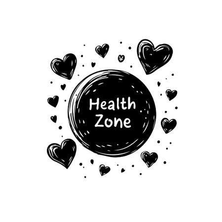 A stylized artistic illustration presents a central black circle labeled 'Health Zone', playfully encircled by hand-drawn hearts of varying sizes. The design conveys care, protection, and wellbeing,のイラスト素材