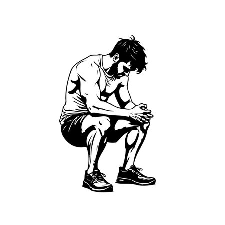 A powerful black and white illustration captures a moment of introspection in an athlete. Depicting a figure seated with head bowed, hands clasped, suggesting quiet contemplation after intenseのイラスト素材