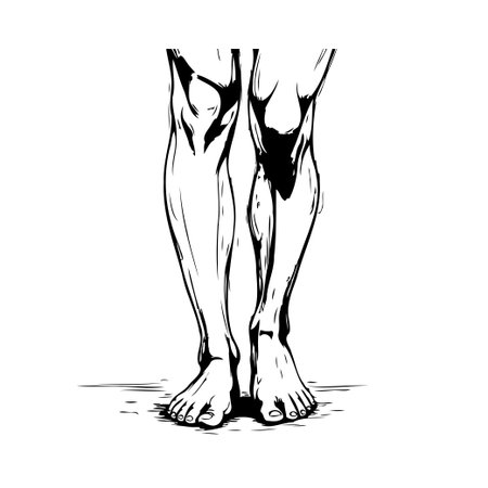 An artistic monochromatic illustration focusing on the lower limbs of a human figure. The sketch captures the form and musculature of the legs and feet highlighting anatomical features. This designのイラスト素材