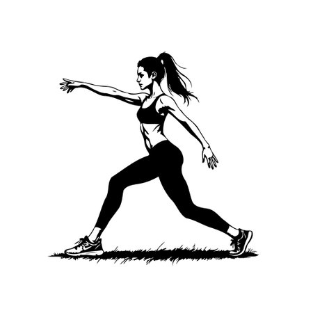 A striking monochrome illustration captures a young woman in a dynamic stretching pose, showcasing her athletic build and active lifestyle. This stylized vector graphic embodies fitness, health, andのイラスト素材