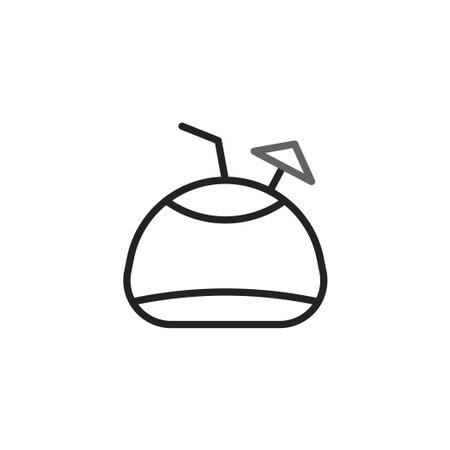 A minimalist line drawing showcases a coconut beverage. A straw and a small paper umbrella decorate the top, enhancing the refreshing tropical essence. This illustration, perfect for summer designs,のイラスト素材