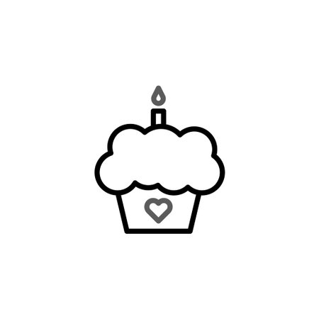 A simplified, minimalist outline depicts a cupcake with a small burning candle and a heart, a cute...