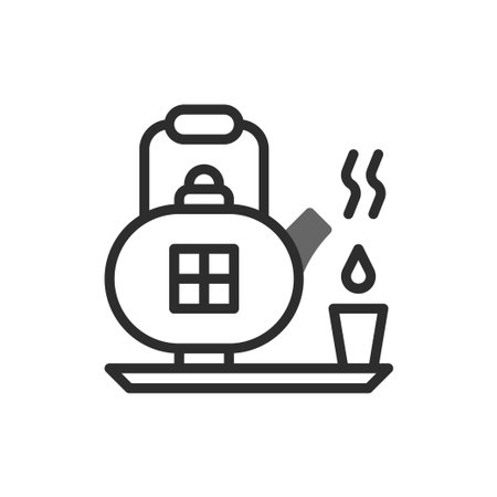 A clean and simple vector illustration depicts a tea service with a kettle and a teacup. The kettle...