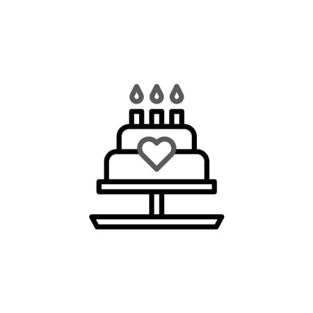 A simple yet elegant line drawing of a tiered cake adorned with a heart and candles, evoking...