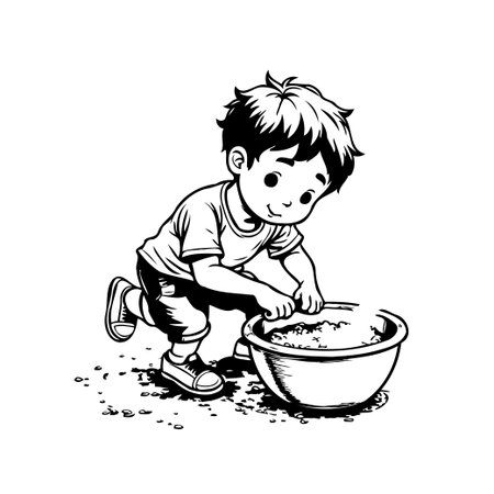 A monochrome drawing depicts a toddler absorbed in play, engaging with a bowl in an outdoor environment. The simple yet charming illustration highlights the child's joy and creative expressionのイラスト素材