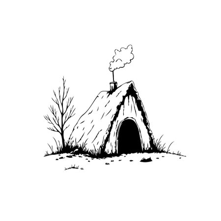 Detailed monochromatic sketch showcasing a charming hillside dwelling with a thatched roof and gentle smoke rising from its chimney. This quaint countryside cottage evokes a sense of simple livingのイラスト素材