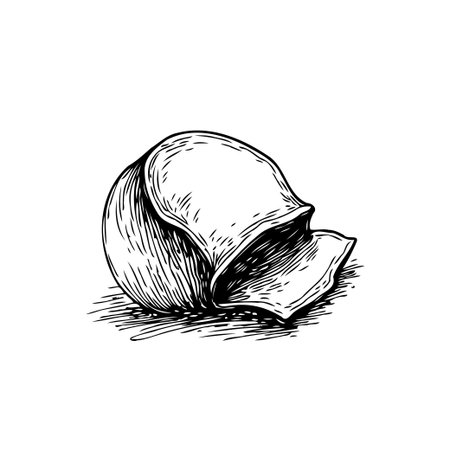 A detailed monochrome illustration of a hazelnut showcases the nut's intricate texture and shell structure. The meticulous shading creates depth, providing an elegant and natural depiction,のイラスト素材