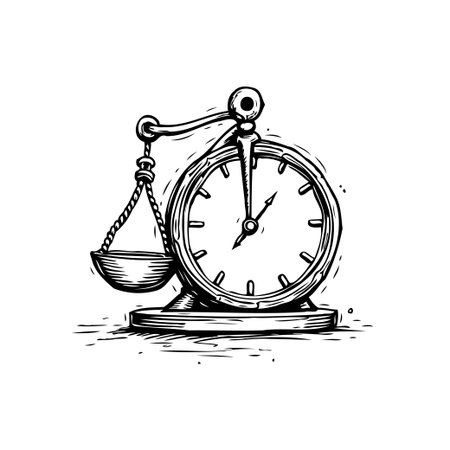 A whimsical graphic shows a clock merged with a scale, illustrating the delicate balance between time and priorities. This evocative drawing underscores the importance of strategic planning andのイラスト素材