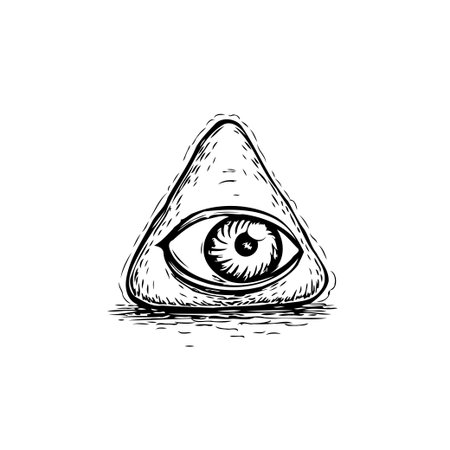 A black and white sketched illustration featuring an eye encased within a triangle, conveying a sense of mystery and hidden knowledge, a symbol rich in meaning representing esoteric concepts andのイラスト素材