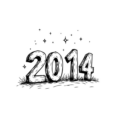 A hand-drawn rendering of the year 2014 in a whimsical style, suitable for celebratory or nostalgic themes. The numbers have a three-dimensional quality and are accompanied by sparkling stars aboveのイラスト素材