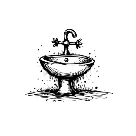 Detailed sketch illustration of a vintage-style faucet and sink, evoking a sense of retro elegance and functional design. Perfect for illustrating concepts related to hygiene, home decor, plumbing,のイラスト素材