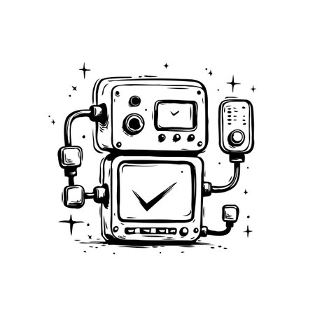 Immerse yourself in a black and white illustration of a charming robot constructed from stacked monitors, intricate pipes, and a confident check mark. This unique design blends technology,のイラスト素材