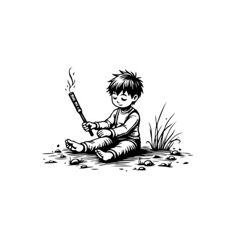 A simple yet profound monochrome artwork captures a young boy in a moment of innocent exploration. He sits barefoot on the ground, inquisitively examining a stick, symbolizing childhood curiosityのイラスト素材