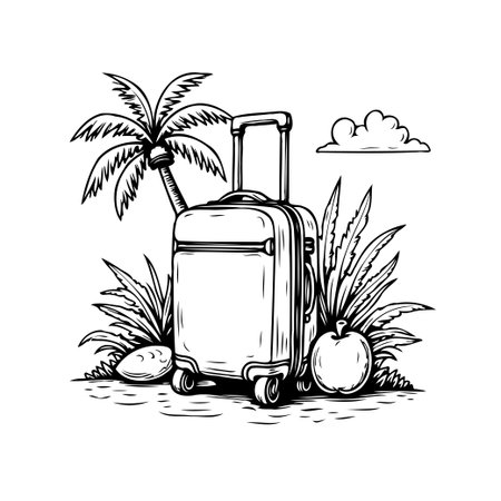 A stylized monochrome illustration depicts a suitcase beneath a palm tree, evoking a sense of tropical vacation and getaway destinations. This evokes the serenity of travel and relaxation. Ideal forのイラスト素材