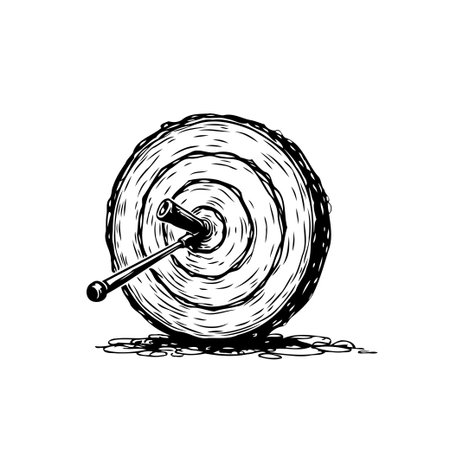 A monochrome illustration depicts a bullseye target with a stark black arrow penetrating the precise center. The image utilizes bold lines to create a visually striking representation of accuracy,のイラスト素材