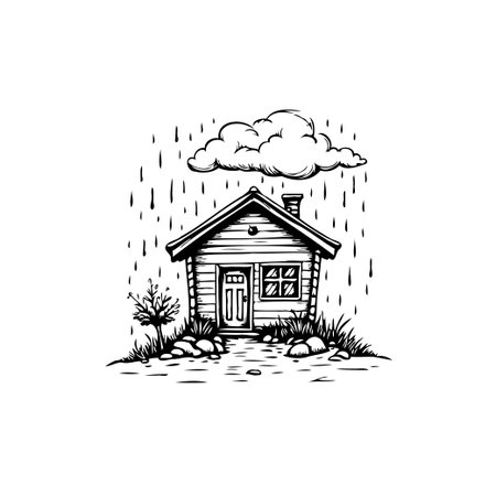 A detailed monochrome illustration depicts a small, inviting cabin nestled within a natural setting during a rain shower. The drawing emphasizes shelter and tranquility, capturing the essence ofのイラスト素材