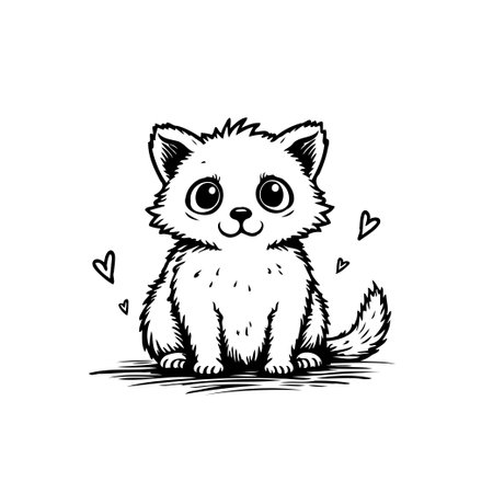 A delightful line art illustration features a charming kitten surrounded by hearts. This adorable image conveys warmth and affection, perfect for expressing friendship and love with its innocent andのイラスト素材