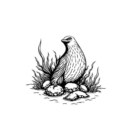 Detailed monochrome illustration of a bird perched on rocks surrounded by foliage. The artwork showcases intricate linework and naturalistic elements, creating a peaceful and serene depiction ofのイラスト素材