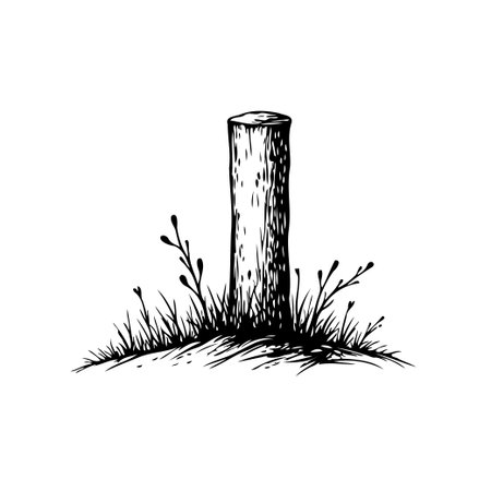 This is a rustic illustration of a solitary tree stump surrounded by grassy foliage and small, newly sprouted shrubs. The monochrome sketch evokes a sense of nature's resilience and quiet beauty,のイラスト素材