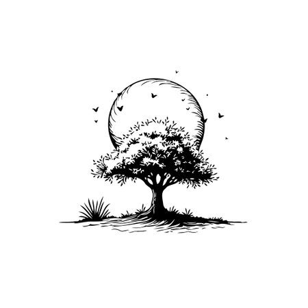 A minimalist monochrome image showcasing a solitary tree silhouetted against a full moon casting a tranquil and serene scene. The presence of birds in flight adds to the peaceful ambiance of theのイラスト素材