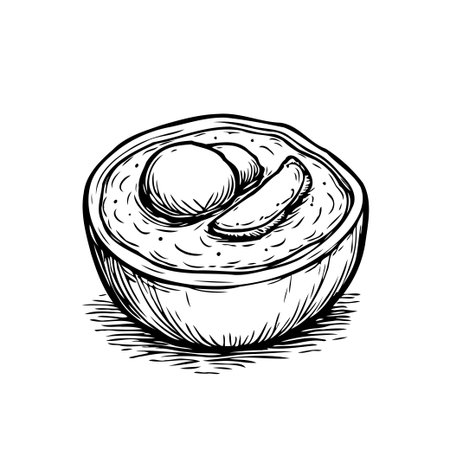 Hand drawn illustration of a bowl of soup with an egg and food slice, perfect for culinary projects. The monochrome sketch design adds an artistic touch, ideal for gastronomy themed designs or menuのイラスト素材