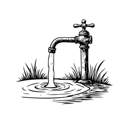 Detailed hand-drawn illustration showcasing an antique faucet releasing water into a small pond, surrounded by textured grass. The monochrome artwork evokes a sense of rustic charm and naturalのイラスト素材