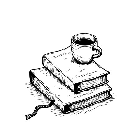 A minimalist black and white illustration displays a steaming cup of coffee placed delicately atop a stack of books, a symbol of quiet learning and comforting relaxation. The textures and shadingのイラスト素材