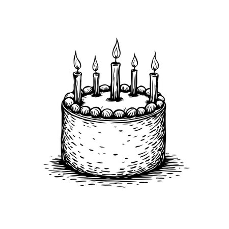 Hand-drawn illustration of a frosted cake topped with lit candles. The drawing has a vintage...