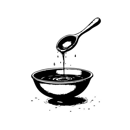 An elegant monochrome drawing portrays a liquid gracefully dripping from a spoon into a bowl, creating a visually captivating scene of fluidity and simplicity. The black and white art enhances theのイラスト素材