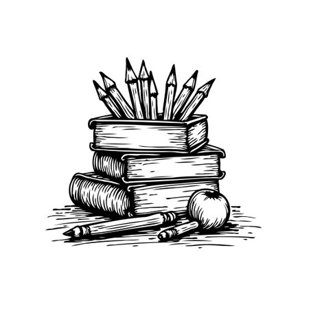 Monochrome sketch featuring stacked books holding pencils, with an apple and crayons nearby. Perfect graphic element for educational themes, back-to-school projects, or artistic designs. Depictsのイラスト素材