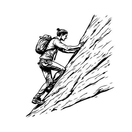 A monochrome illustration captures a climber in the act of scaling a rough rock face, exemplifying outdoor adventure and the pursuit of personal challenge. The detailed drawing conveys the spirit ofのイラスト素材