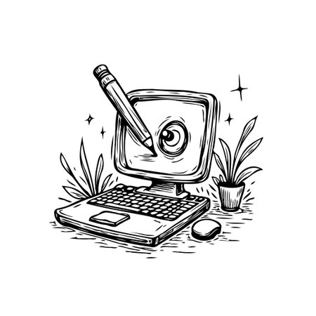 A creatively and artistically designed illustration featuring a pencil drawing on a computer screen next to a small plant and a computer mouse. This scene evokes concepts of digital drawing,のイラスト素材