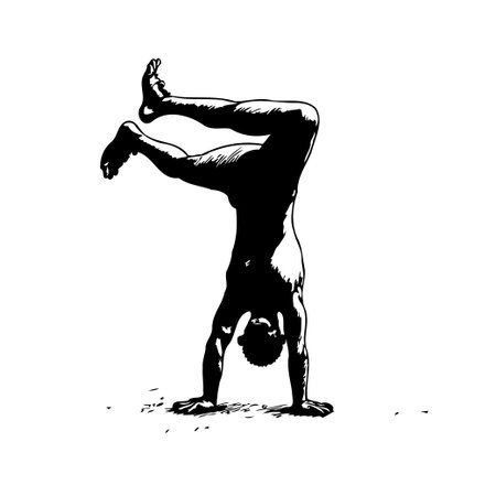 A stark, minimalist rendering of a person in a handstand, emphasizing balance and core strength. The...