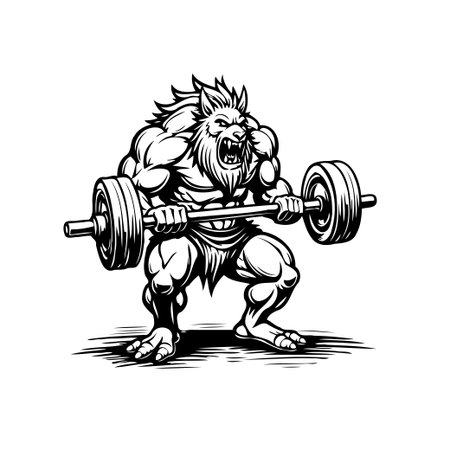 A powerful lion-man character aggressively lifts a heavy barbell, showcasing his incredible strength and intensity. This striking black and white illustration embodies the spirit of determinationのイラスト素材