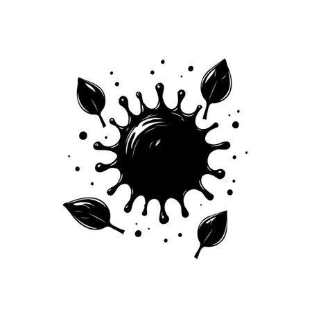 A minimalist abstract illustration depicts a black paint splash surrounded by falling leaves. This artistic design represents the blend of nature and creative expression, perfect for modern designのイラスト素材