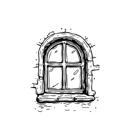 A detailed hand-drawn illustration of an arched vintage window set in a brick facade. The monochrome sketch captures the architectural heritage and rustic charm, perfect for adding a touch ofのイラスト素材