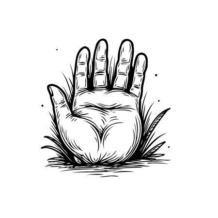 A monochrome drawing showcases a hand emerging from grass, a symbolic representation of growth and connection to nature. The detailed lines evoke a sense of earthiness and peace. It suggests themesのイラスト素材