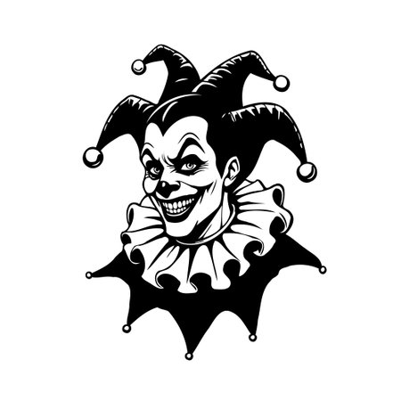 An unsettling vector graphic portrays a menacing jester, characterized by exaggerated features and stark black and white contrasts. The unsettling figure evokes a sense of eerie theatricality,のイラスト素材