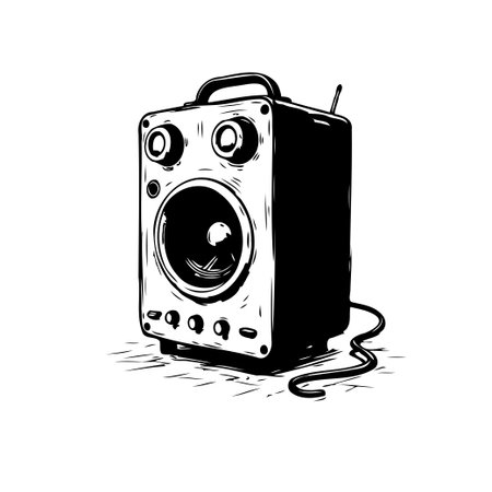 An evocative monochrome illustration presents a vintage-style speaker, meticulously detailed with retro design elements. The high-contrast black and white aesthetic accentuates its classic features,のイラスト素材