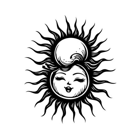 A whimsical design capturing a stylized sun face, radiating warmth and charm. The celestial artwork embodies artistic expressions and dreams with detailed rays and a mystical presence, ideal forのイラスト素材