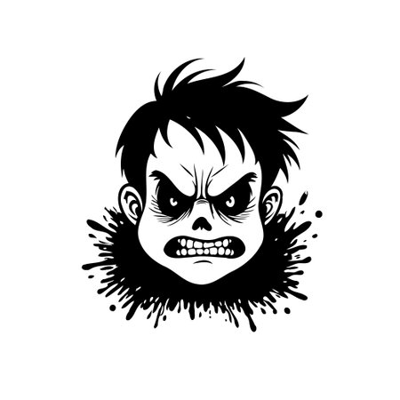 A striking monochrome illustration showcases a menacing cartoon character radiating palpable anger. Its expressive face, coupled with dark ink splatters, produces a foreboding, wild, and somewhatのイラスト素材