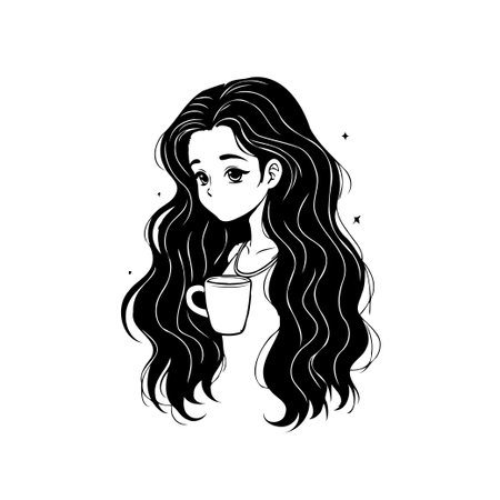 An elegant black and white illustration presents a serene woman with flowing hair, peacefully enjoying a warm cup of coffee. The simple yet stylish design captures a moment of quiet relaxation andのイラスト素材