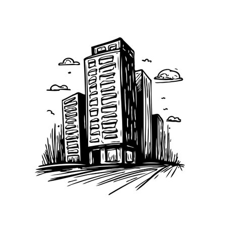 A stylized sketch of a modern cityscape shows tall buildings rendered with bold lines and a unique perspective. Clouds float behind these towering structures, adding a touch of whimsy to the urbanのイラスト素材