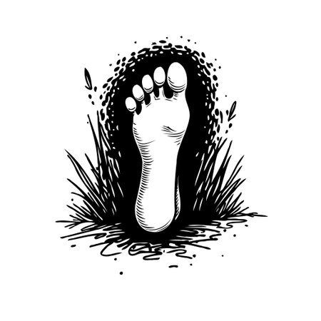 An artistic monochrome illustration shows a human foot emerging from detailed, textured grass. The image focuses on nature, organic elements, and the human form's connection with the earth,のイラスト素材