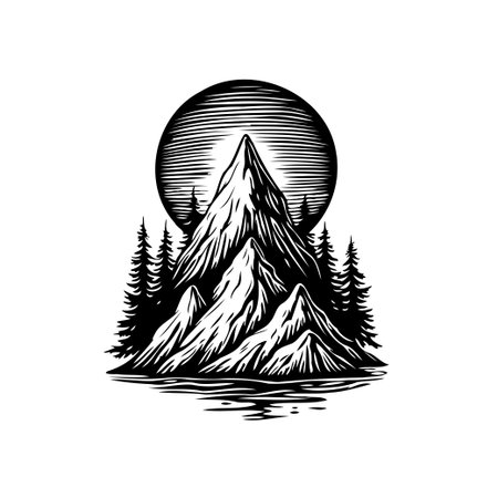 Serene mountain illustration featuring towering peaks framed by lush forests reflected in calm waters. The scene bathed in the soft glow of a moon-like orb, this evocative image captures theのイラスト素材