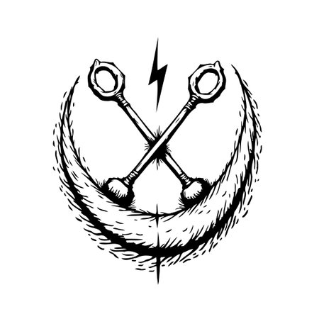 An artistic monochrome rendition presents crossed keys nestled within a textured crescent moon. A lightning bolt punctuates the space above creating a symbol that evokes mysticism, magic, celestialのイラスト素材
