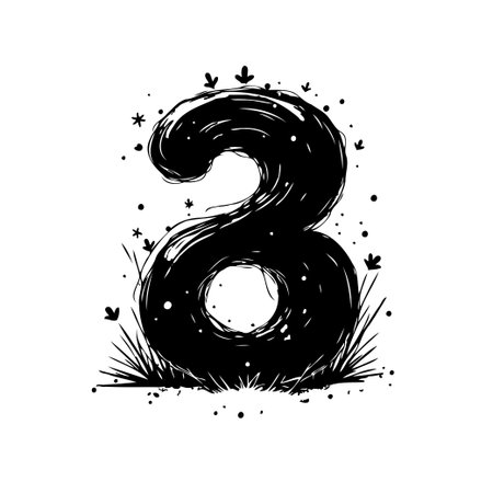 This image features a hand-drawn artistic representation of the number three using sketchy, ink-like lines and a grunge texture. The digit is decorated with scattered dots and botanical elements,のイラスト素材